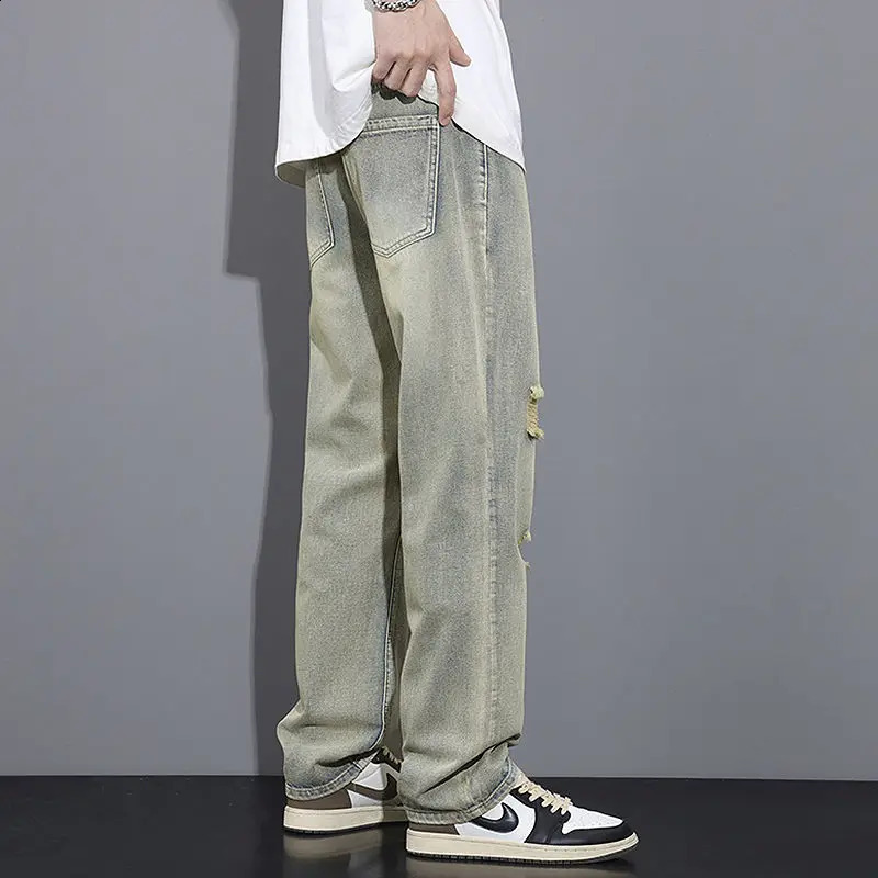 Summer High Street American Vintage Distressed Jeans Mens Button Zipper Pocket Fashionable Loose Casual Wide Leg Straight Pants 240829