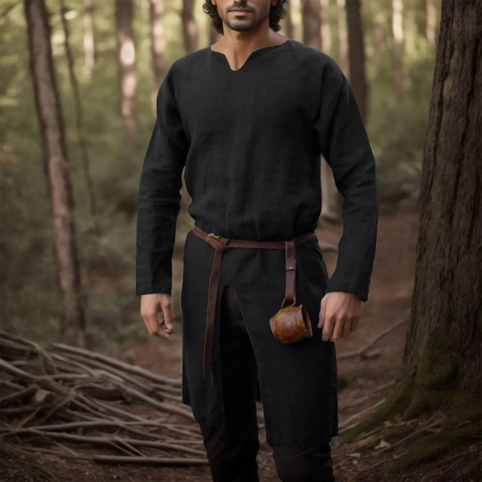 Medieval Renaissance Retro Linen Shirt Top Tuned Mens Long Dress Retro Jacket Knight Viking Pirate Role Playing Costume 240828
