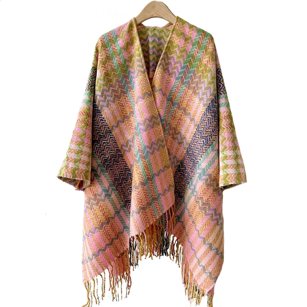 Poncho Knitted Cloak Ethnic Style Capes Tassel Cardigan Sweater Loose Oversized Shawl Wraps Vintage Striped Women Travel Coat 240828