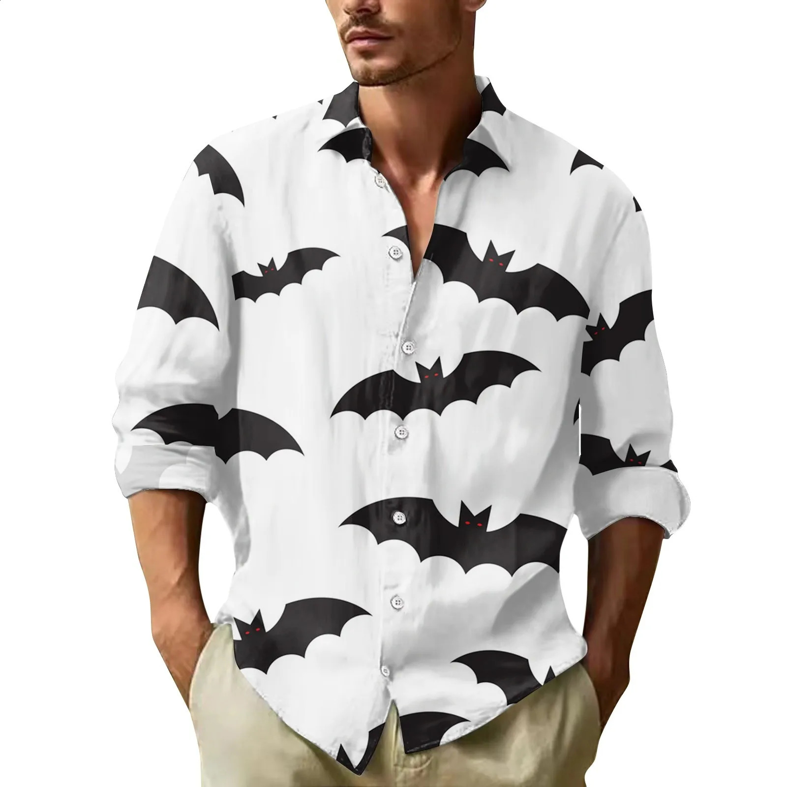 Mens Halloween printed shirt button long sleeved lapel shirt casual fashion version basic shirt top mens clothing 240829