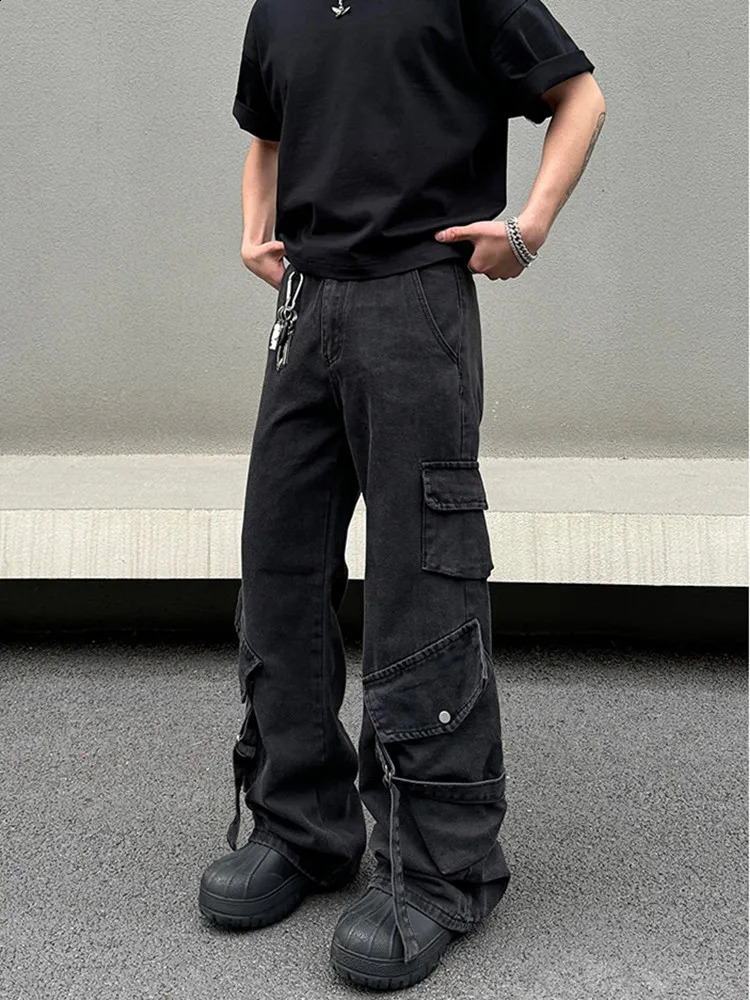 2024 Cyber Y2K Streetwear Black Multi Pockets Baggy Jeans Cargo Pants For Men Clothes Straight Trousers Pantalon Homme 240823