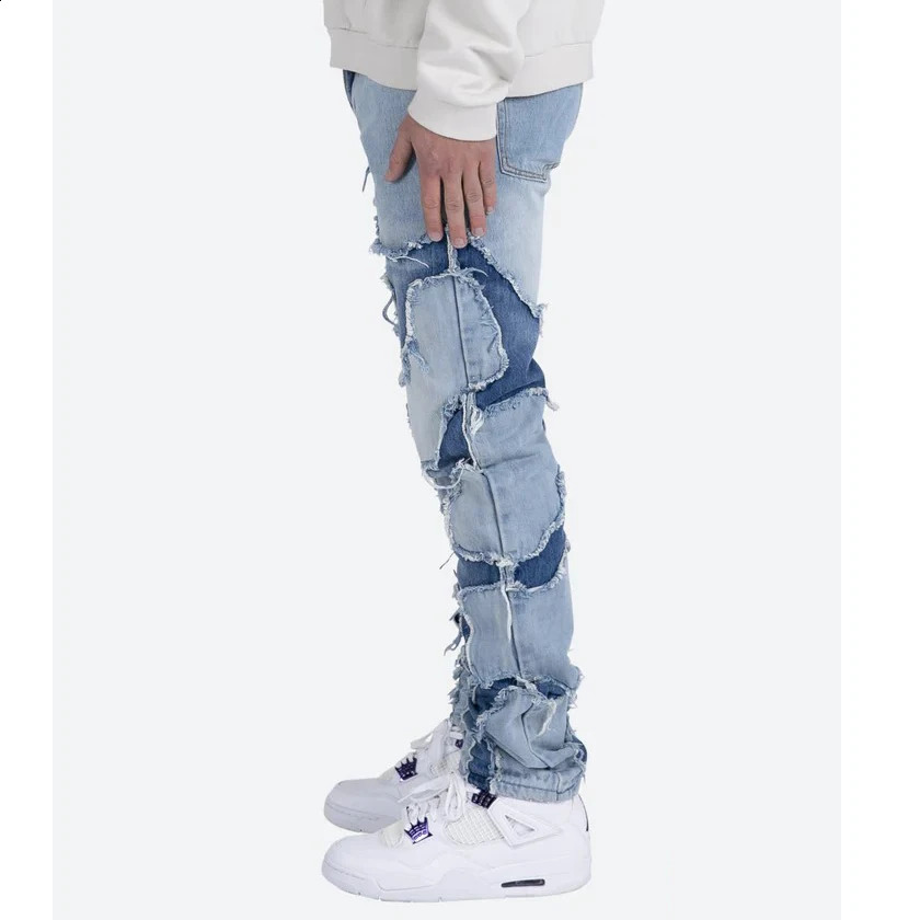High Street Vibe Style Patchwork Frayed Jeans Pants for Men Retro Washed Hole Ripped Casual Loose Denim Trousers Oversized 240826Z