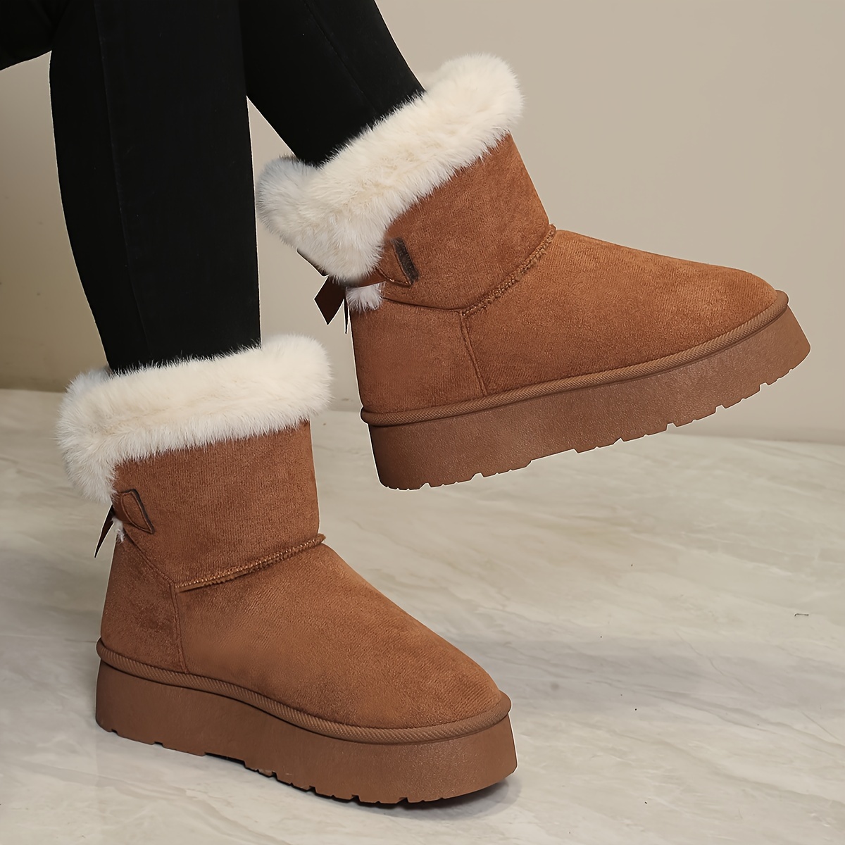Comfortable Womens Solid Fluffy Bow Snow Boots - Slip-on soft thick sole design plush ing and non-slip traction to keep you warm stylish winter boot s