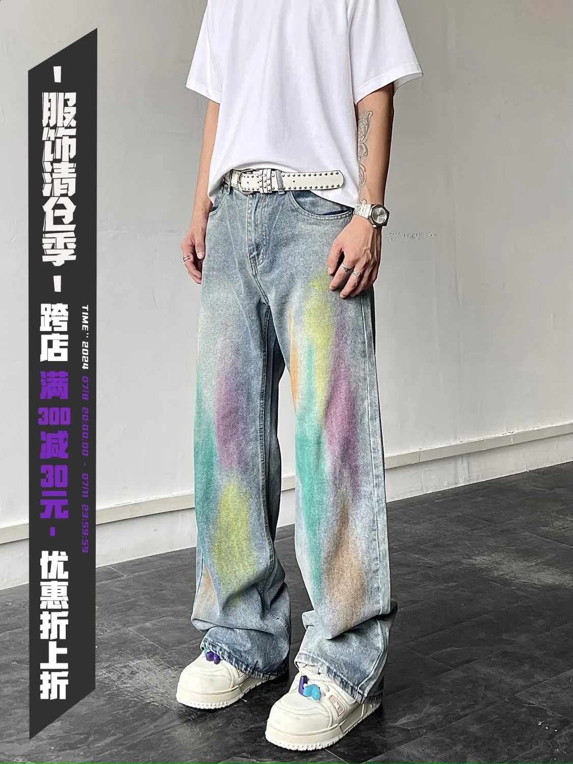BLACKLISTS American Rainbow Graffiti n Feel Jeans Mens Trendy Loose Straight Pants 240829