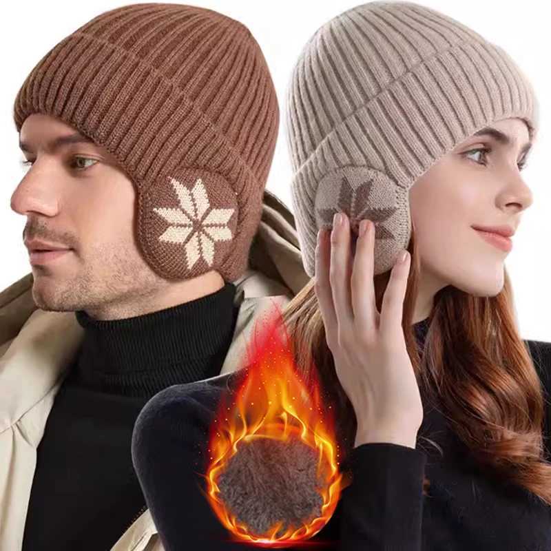 Mens Winter Warm Plush Knitted Benin Snow Fashion Sklies Hat Unisex New Outdoor Cold proof Earrings X250212