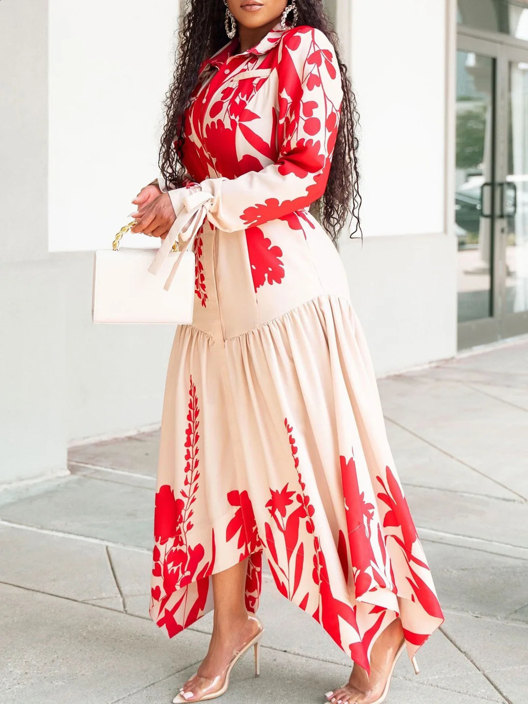 Long sleeved printed collar irregular loose long style with ALine fashionable and warm womens skirt 240828
