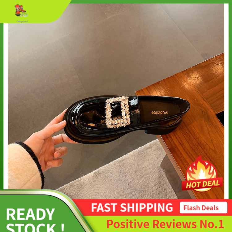Ddmysports Grape Mom S Same Genuine Loafers Women Rhinestone Square Buckle British Style Small Leather Round Toe Thick Sole Coarse Follow Up Shoes OUT