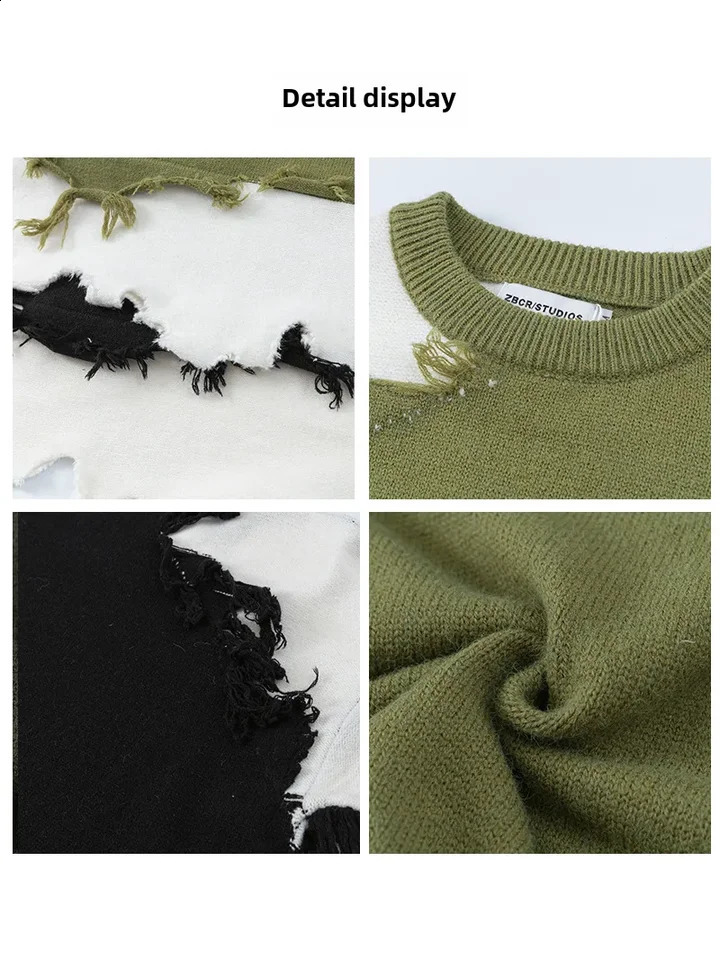 retro American sweater mens niche n sensitive color blocking patch staff neck top 240829