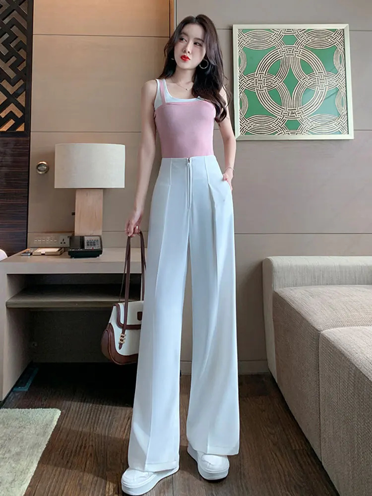 JXMYY Pure Relief High Waist Zipper Loose Pullband Thin Womens Wide Leg Straight Set Ultra Edition Trouser 240827