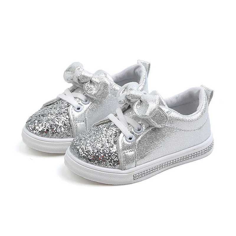 2020 Spring/Autumn Girls Shoes Baby Sports Shoes Childrens Casual Shoes Fashion Bow Shining Leather Anti Slip Flat Princess Shoes W250407