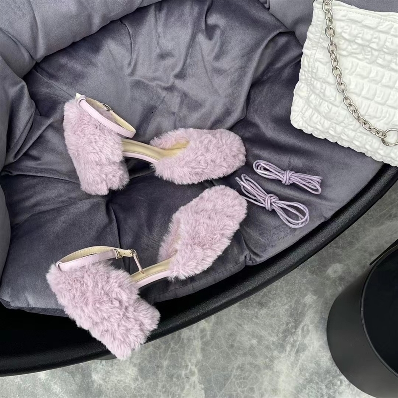 Fashionable purple fur sandals womens sexy lace tie high-heeled pump womens pink plush party evening dress shoes 240827
