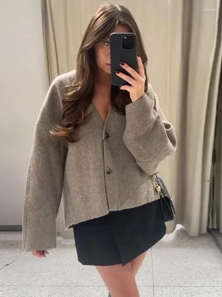 Women's Jackets Elegant Straight Cut Wool Jacket Women Fashion V Neck Single Breasted Short Coat 2024 Autumn Chic Lady Office Street