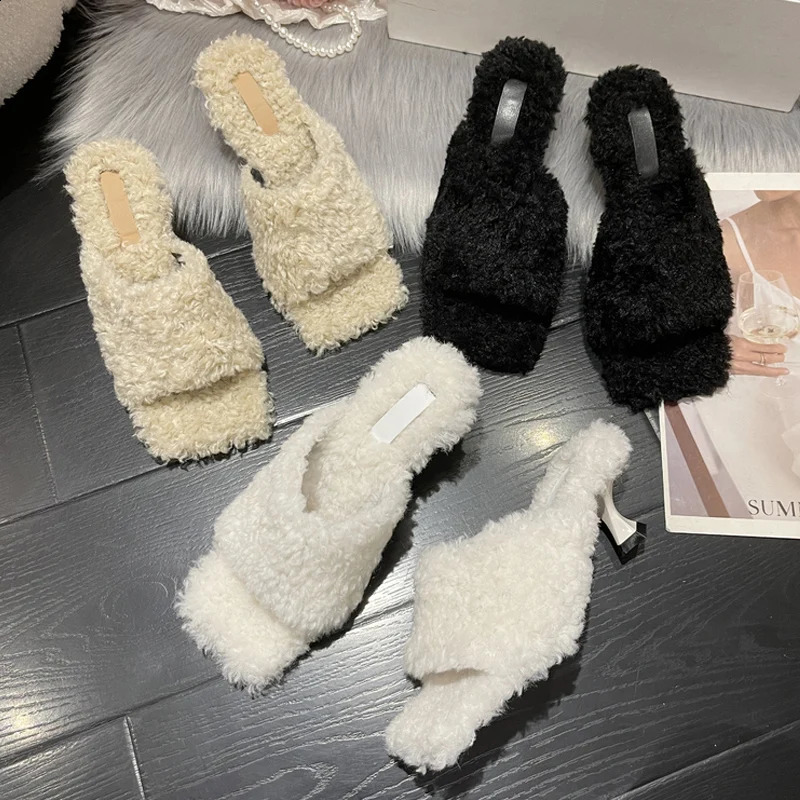 Rich Teddy fur mule slider womens elegant kitten heel square toe plush slider womens winter party high-heeled fur pump shoes 240827