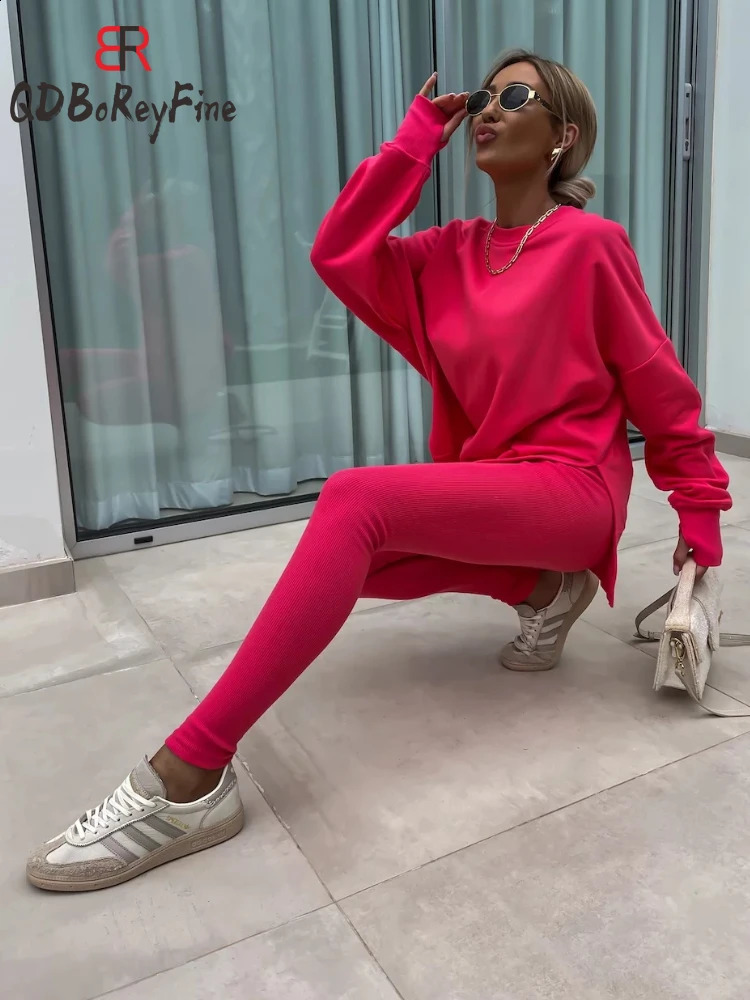 In Women Tracuit 2 Piece Sets Autumn Casual Oversized Sweatshirts Slit Fiess Slim High Waist Leggings Hoodie Set Female 240828
