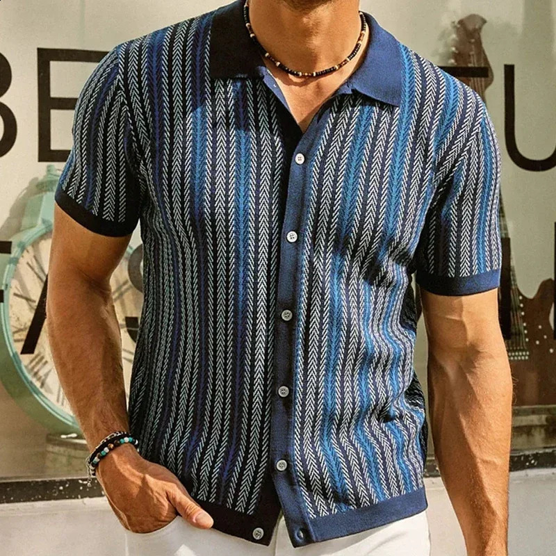 Summer Mens Stripe Printed Knitted Shirts Pola Neck Short Sleeve Button-down T-Shirts for Men Vintage Business Knitwear 240828