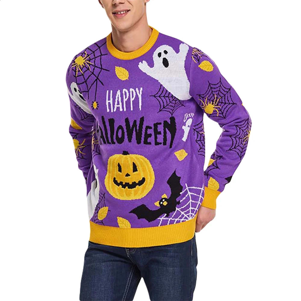 Mens knitted sweater Halloween pumpkin print long sleeved skydiving autumn casual pull-up top mens clothing letter sweater 240829