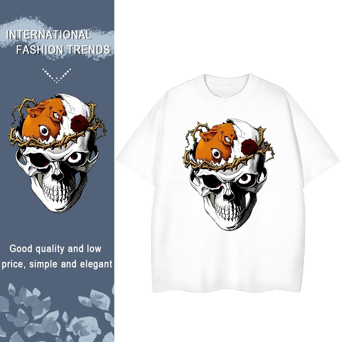2024 Casual T Shirts Women 230g 100% Cotton O Neck Short Sleeves Beach skull Lady T shirt Loose fit Cartoon Printing L-4XL Wear