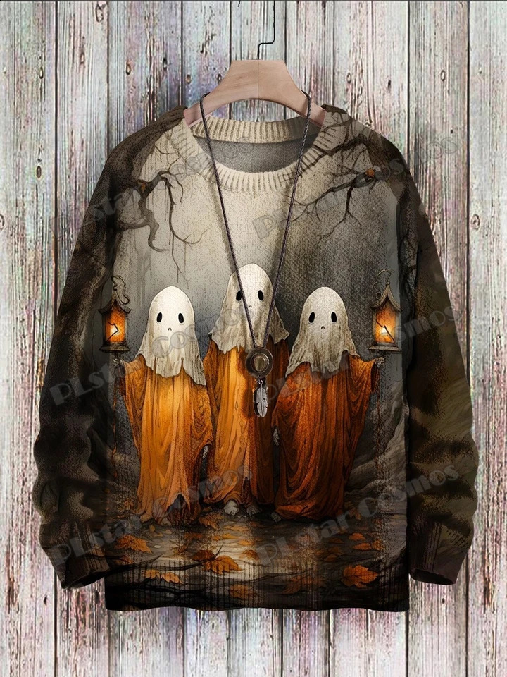 Halloween Ghost and Jack-o-Lanton 3D Printed Mens Knitted Pullover Winter Neutral Casual Knitted Pullover Sweater ZZM139 240829