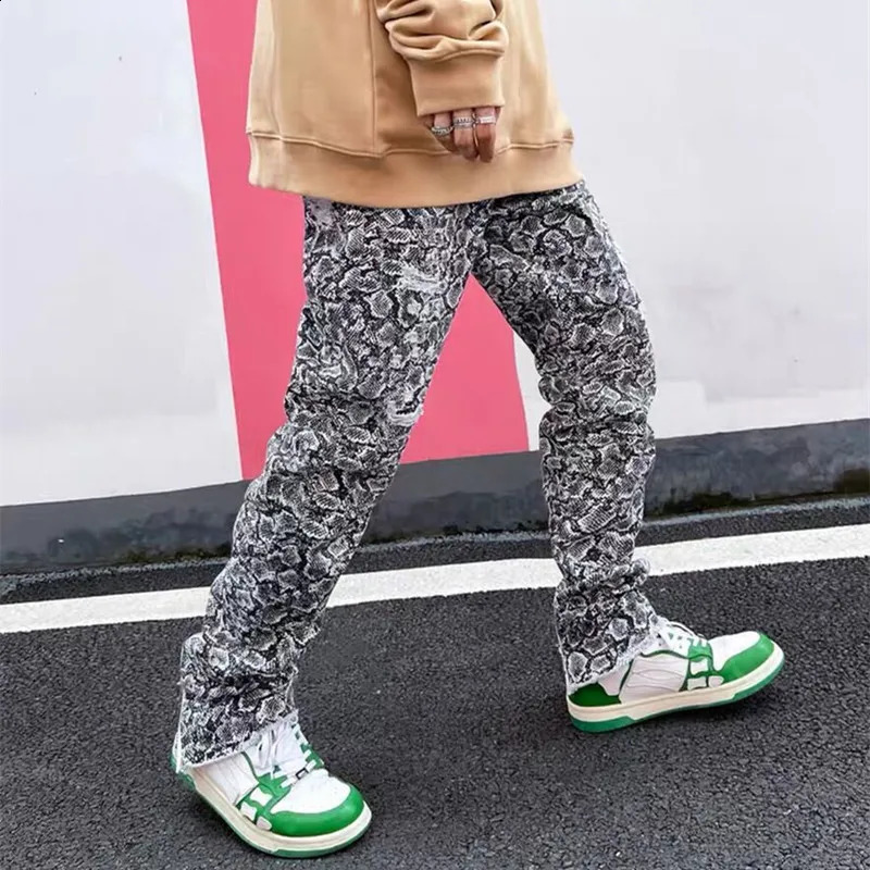 Y2K Streetwear Snake Graphic Baggy Zipper Ripped Jeans Pants For Men Clothing Straight Cotton Long Trousers Pantalon Homme 240828