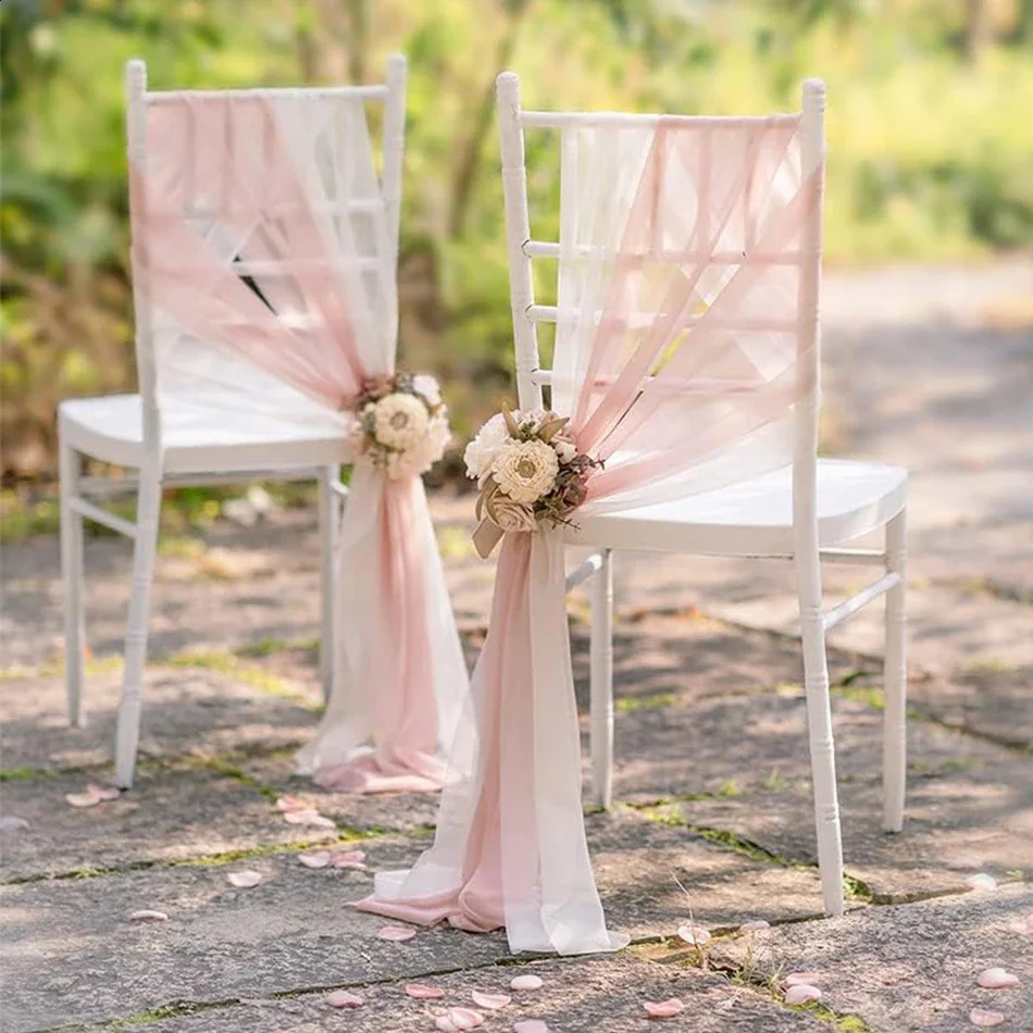 10PCS 17x250cm Wedding Chair Sashes Setting Sage Green Chiffon Gauze Sheer Vintage Birthday Party Festival Birthday Aisle Decor 240829
