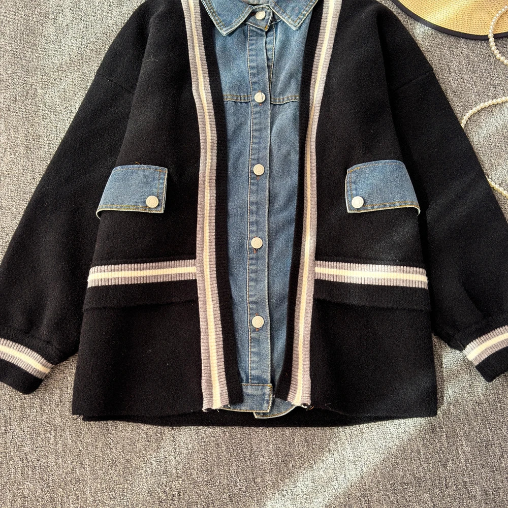 Cowboy Patchwork Cardigan Jacket womens Winter Autumn Knitted Sweater Casual Loose Coat Warmer Outerwear Women 240828
