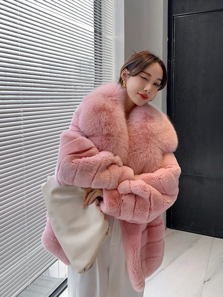 Womens Real Rex Rabbit Fur Coat Long Natural All Pelt Chinchilla Colorful Leather Jacket With Fox Collar