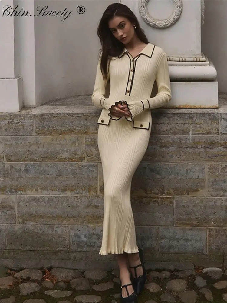 Contrast Ruffled Knitted Dress Women Fashion Autumn Long Sleeve Single Breasted Midi Dresses Lapel High Waist Vestidos 240828