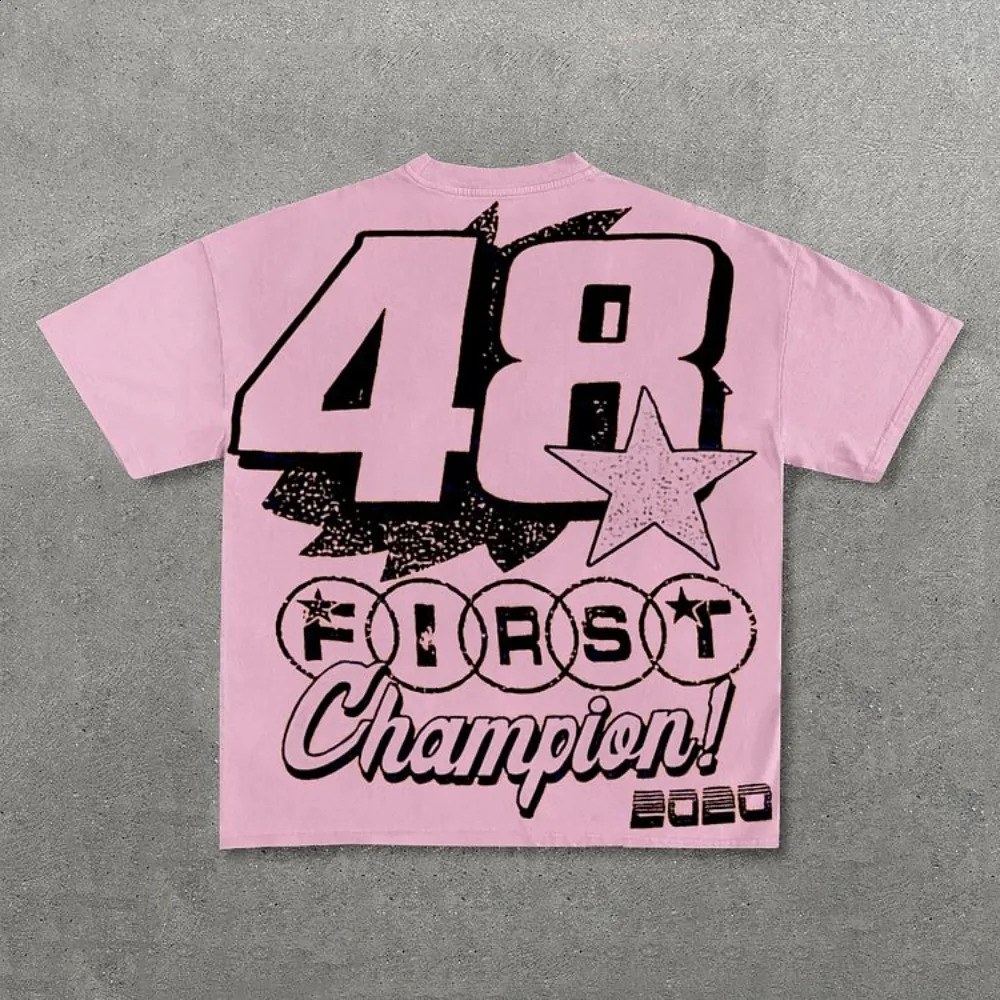 First48 Racing Club Retro Printed Pattern Cotton Tshirt Mens Y2K Short Sleeve Oversized Womens Top 240828
