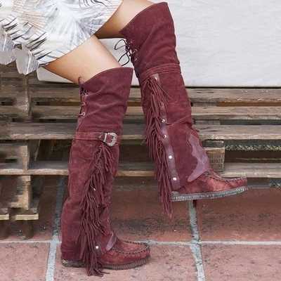 Beautiful Fashion Bohemian Knee Ethnic Tassel Edge Artificial Suede High Heels Womens Flat Boots Y2408295OQE