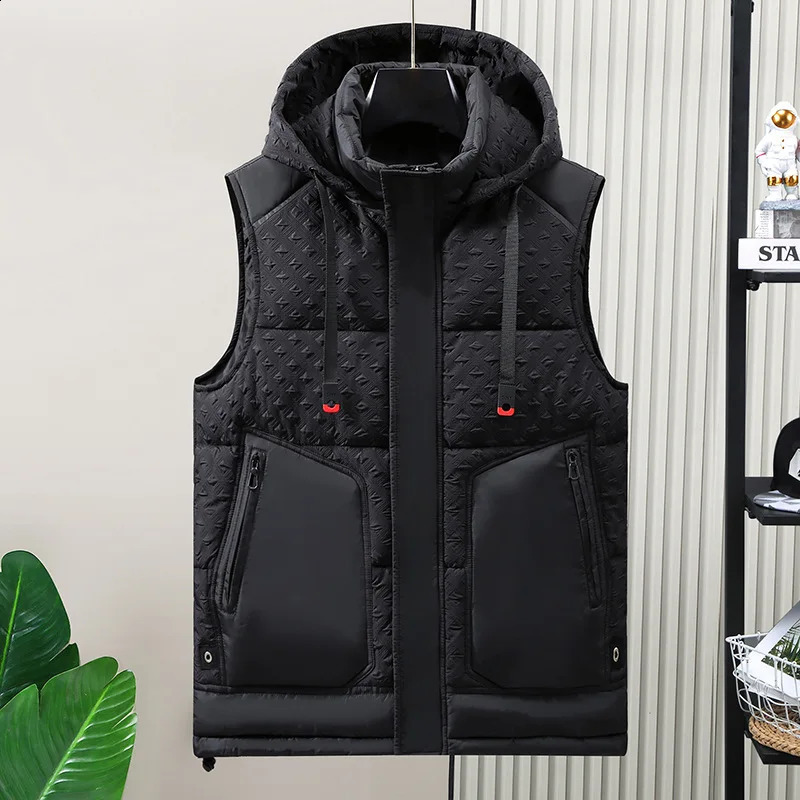 Wxw3636 black gray sleeveless jacket mens pocket thermal vest zipper thick Plus size 5XL 6XL hooded 240828