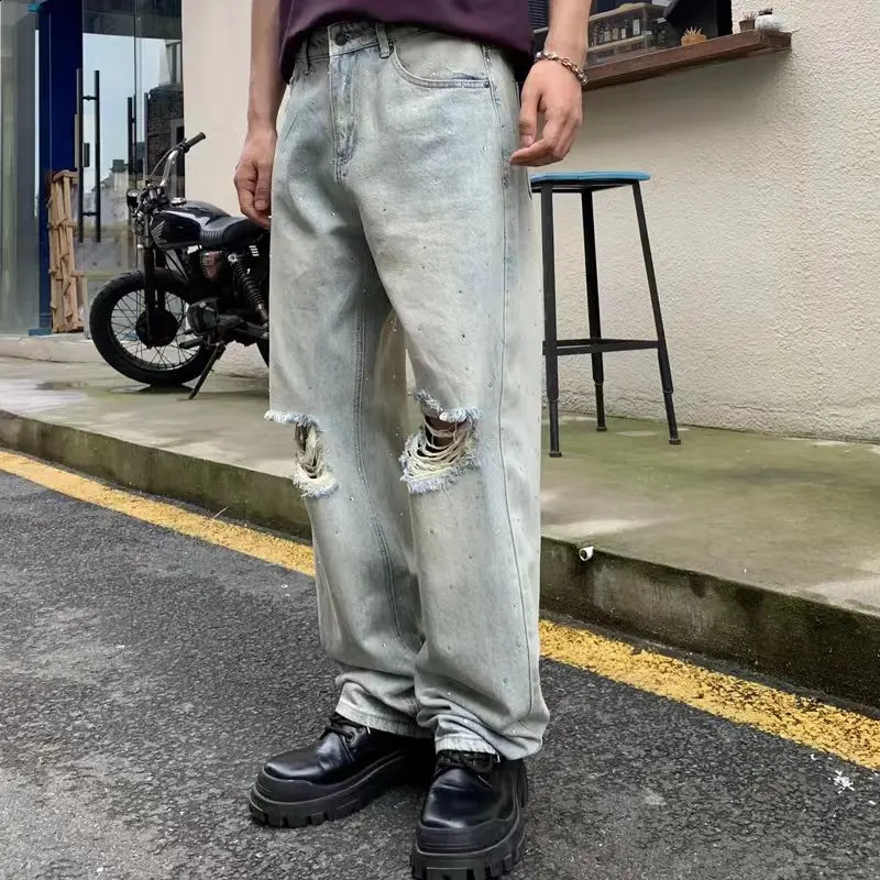 Flash diamond Ripped Baggy Mens Jeans Vintage Crystal Blue Full Denim Pants Straight Leg Trousers For Male 240828