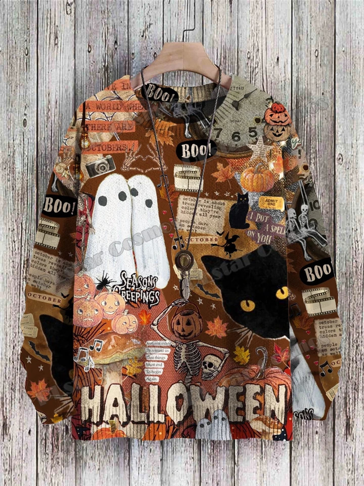 Halloween ghost and cat and retro cat patterns 3D printed mens knitted floral winter unisex casual knitted floral sweater ZZM62 240829