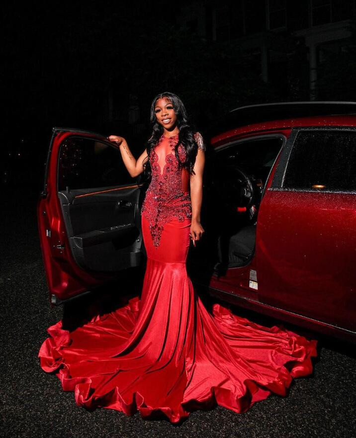Red Luxury Mermaid Prom Gala Dresses for Black Girl Sparkly Diamond Crystal Tassel Long Evening Reception Party Gown Outfit