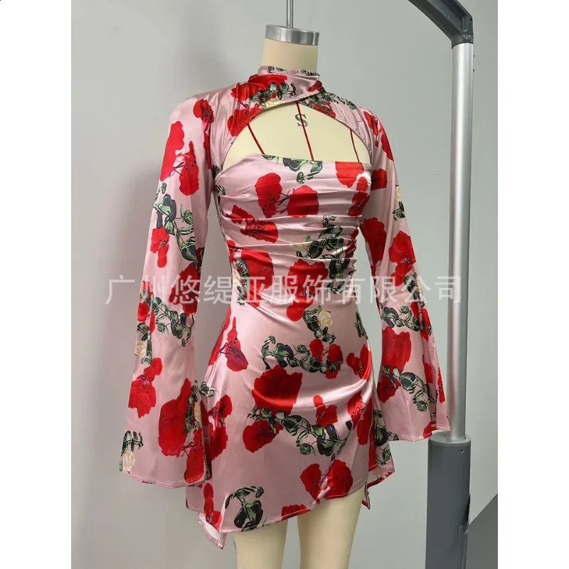 Womens Hollow Sexy Flower Printed Party Dress Clothing Fashion Long Sleeve Sweet Mini 240828