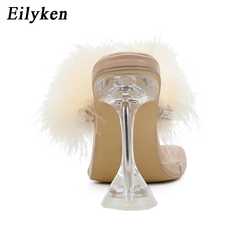 Eilyken Summer Sliders Womens Fur Sliders Fashion Square Heels Transparent Perspex Heels Rhinestone Sandals Womens Flip Shoes 240827
