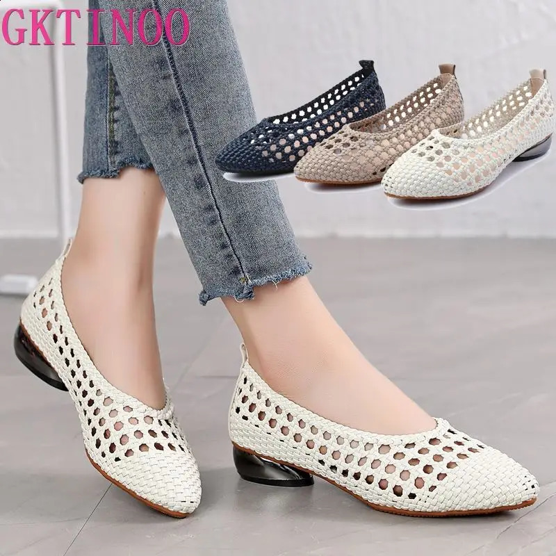 GKTINOO Pumps Sandals Womens Pointed Toe Leather Womens Low Heel Soft Bottom Outdoor Summer Womens Shoes 240827