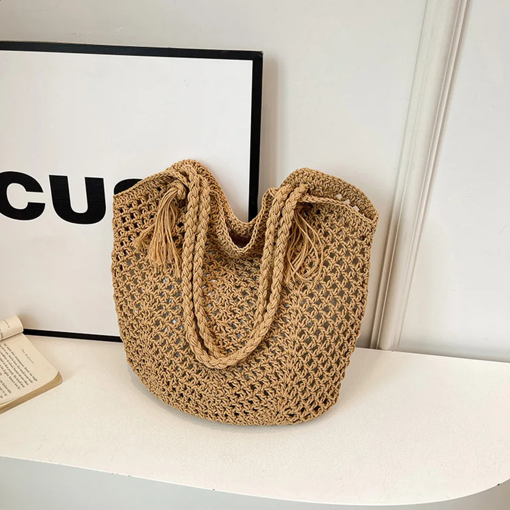 Straw Summer Beach Bag Large Capacity Women Woven Shoulder Purse Solid Color Clutch for Shopping Vacation Travel 240828