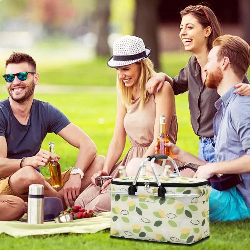 Folding insulated picnic basket lunch bag beach cooler leak proof portable camping large capacity n 240828