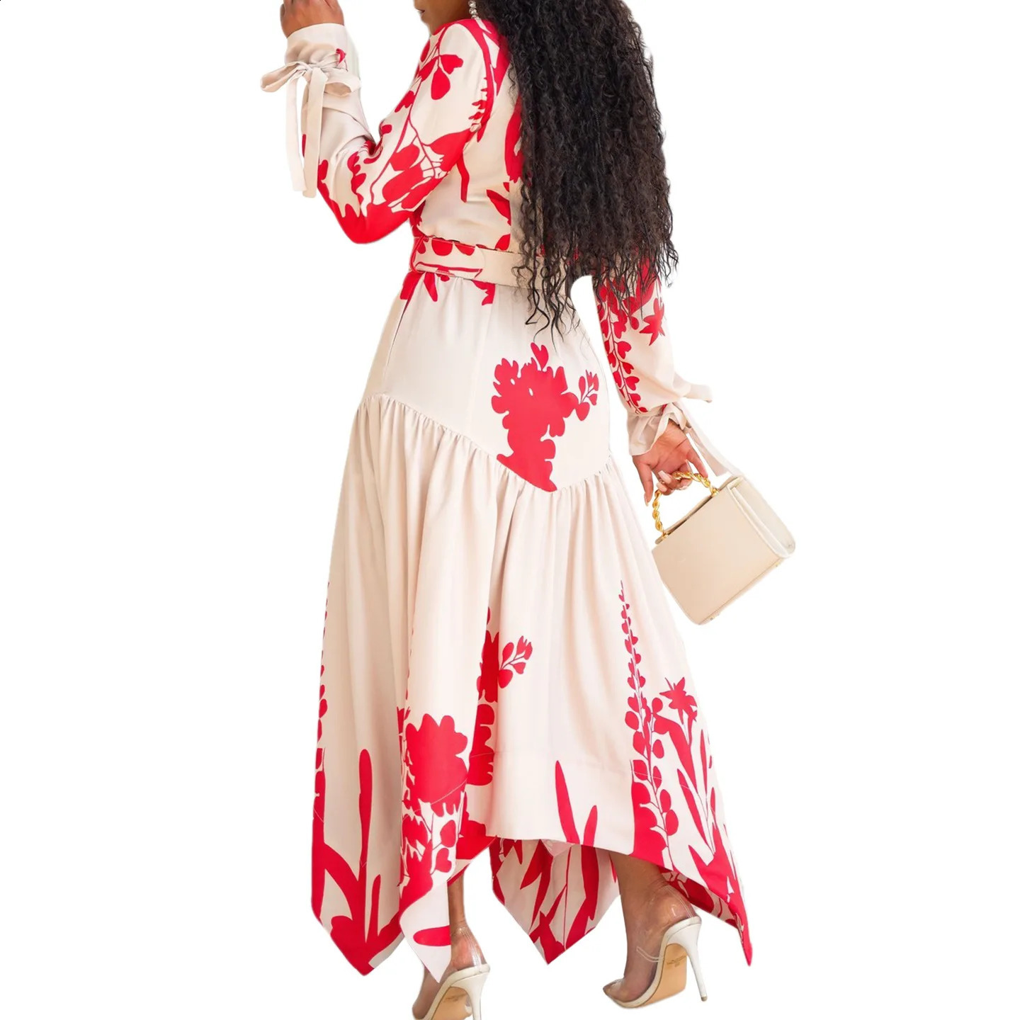 Long sleeved printed collar irregular loose long style with ALine fashionable and warm womens skirt 240828