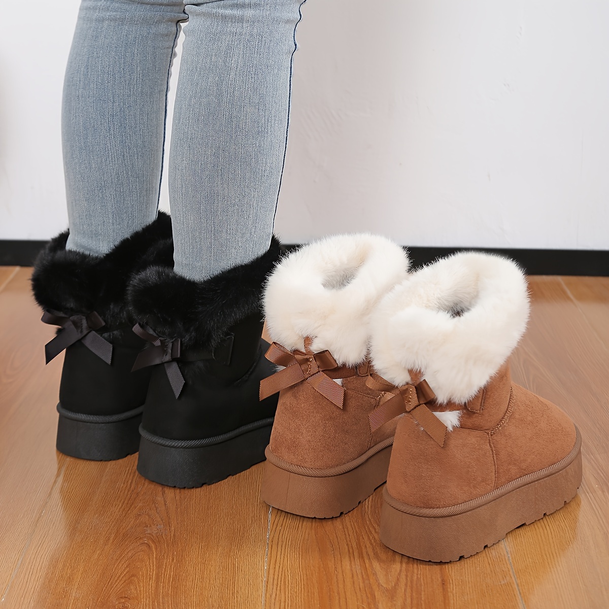 Comfortable Womens Solid Fluffy Bow Snow Boots - Slip-on soft thick sole design plush ing and non-slip traction to keep you warm stylish winter boot s