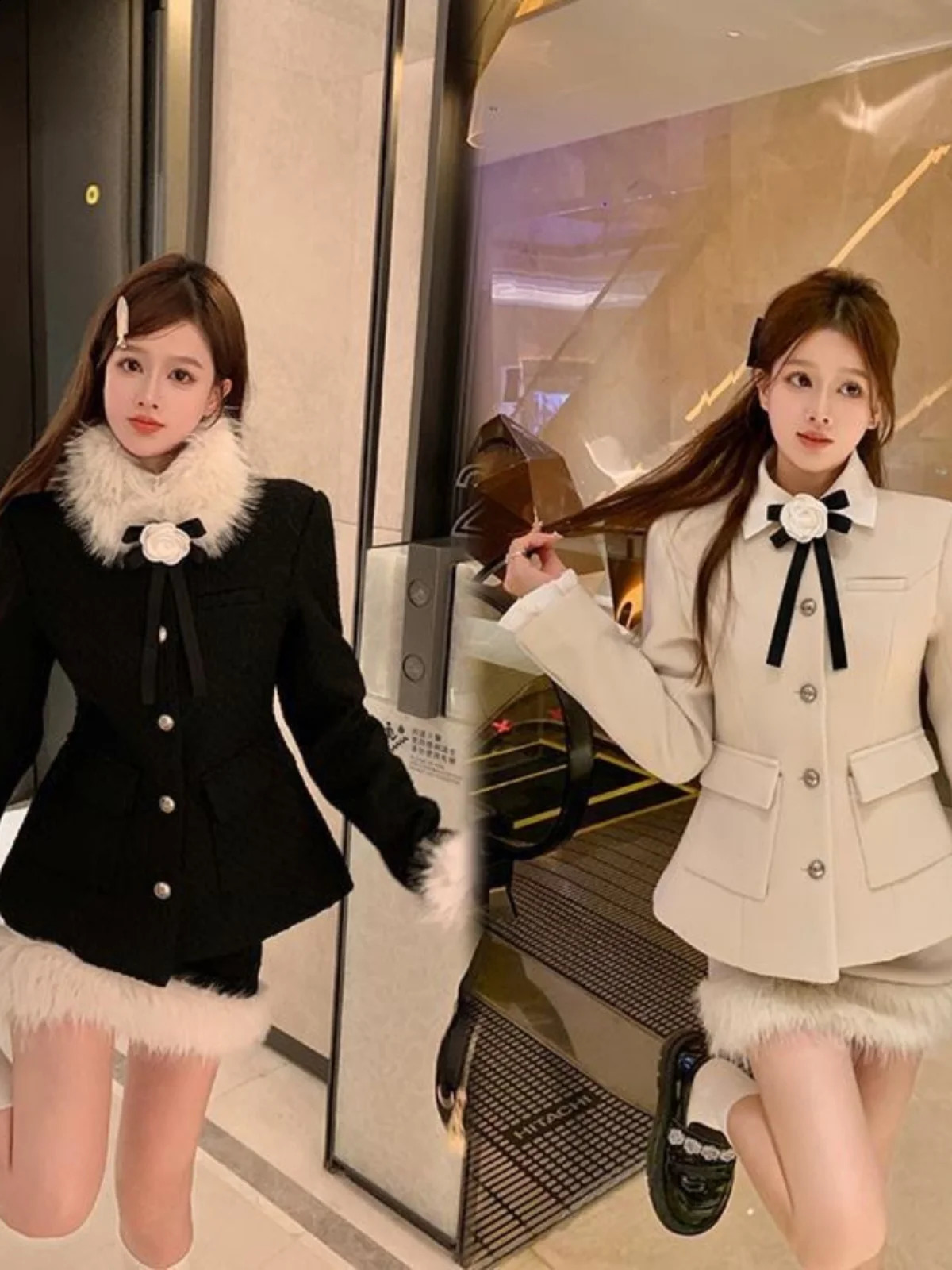 UNXX coarse woolen fur collar coat rich heiress set womens office ladies autumn and winter pencil skirt twopiece short sleeved dress 240828