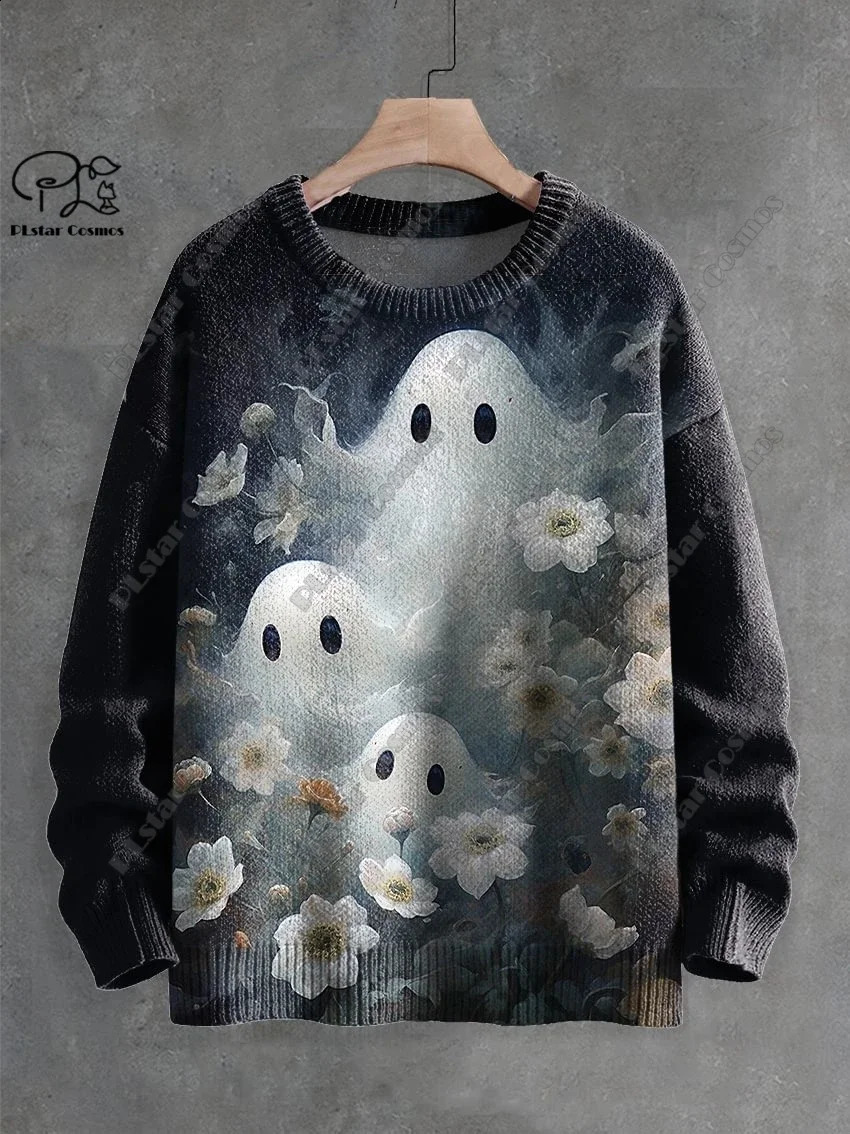 3D Printing Halloween Custom Series Horror Ghost Skull Witch Black Cat Pattern Ugly Sweater Street Casual Winter Sweater W-10 240829