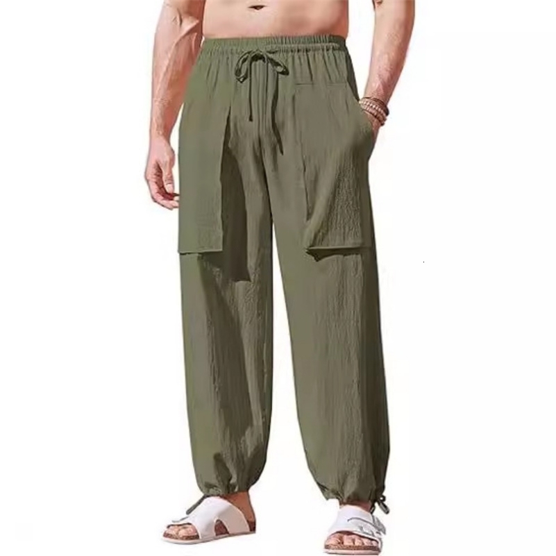 Mens summer linen loose drawstring long legs large-sized casual vacation pants thin straight leg pants 240828
