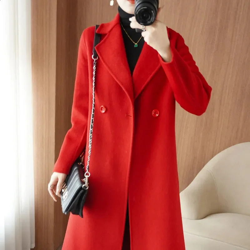 Long sleeved double-sided cashmere womens jacket spring and autumn wool blend womens jacket medium and long wool womens jacket 240828