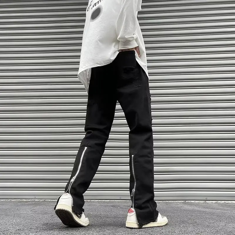 Y2K Streetwear Zipper Black Ripped Stacked Jeans Pants For Men Clothing Straight Hip Hop Goth Long Trousers Pantalon Homme 240828