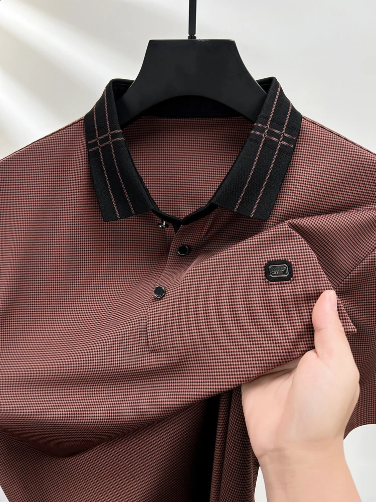 High end short sleeved POLO shirt mens summer fashionable plaid print top ice silk breathable casual T-shirt 240828