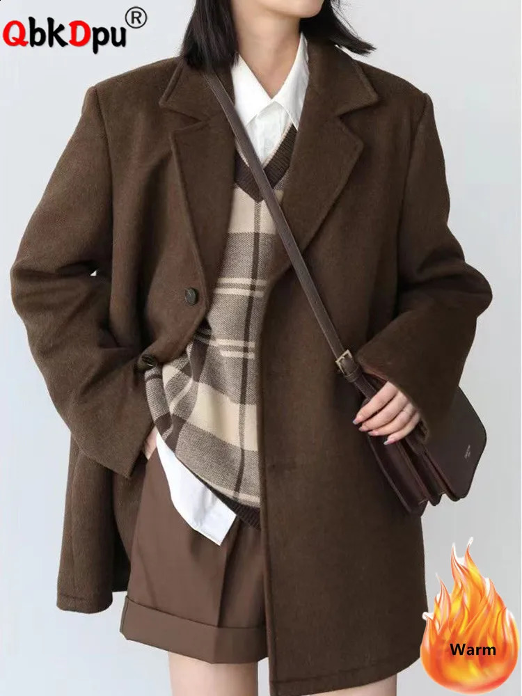 Korean Warm Medium length Wool Set Coat Thick V-neck Womens Loose Park Winter Single breasted Wool Blended Jacket Casaco 240828