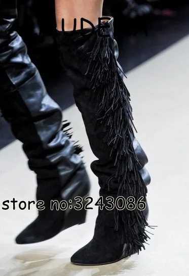 Boots High top suede black and white ruffled knee high Pointed Toe Hidden Wedge womens fashionable boots with increased height Y2408298UDZ