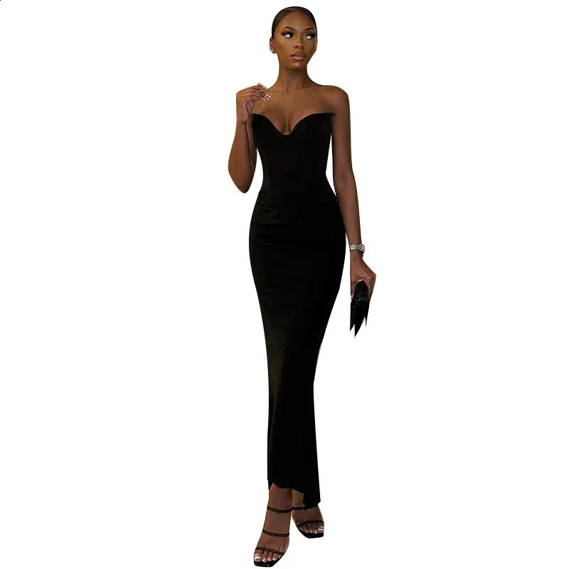 Sexy Black Strapless Corset Dresses for Women Elegant v Neck Backless Bodycon Long Maxi Dress Evening Party
