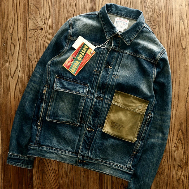 Jeans mens autumn/winter American khaki retro heavy tooling denim jacket 240828